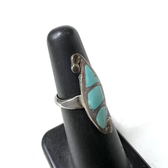 Vintage Sterling Turquoise Inlay Ring Size 4.75 - Picture 3 of 6
